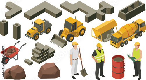Isometric construction site illustration with building materials machinery trucks workers concrete equipment industrial engineering vector set for adobe stock