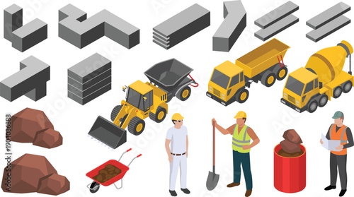 Isometric construction site illustration with concrete blocks machinery trucks workers tools materials industrial building vector set for adobe stock