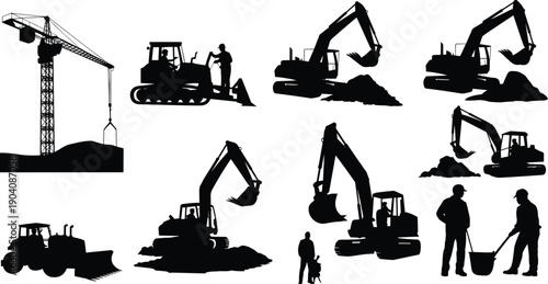Construction equipment silhouettes showing cranes, excavators, bulldozers, and workers performing heavy earthmoving tasks at industrial construction sites vector illustration