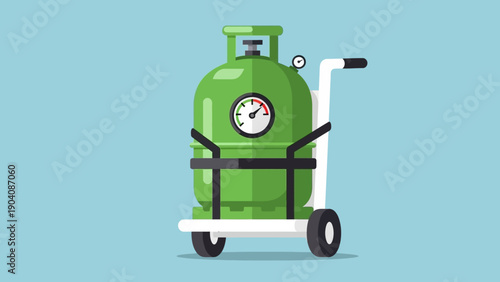 Green Oxygen Tank on Wheeled Cart.