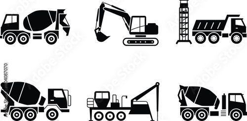 Construction machinery silhouette set with concrete mixer trucks, excavator, drilling rig and dump truck, heavy equipment vector illustration for industrial projects