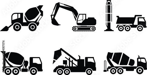 Construction machinery silhouette set with concrete mixer trucks, excavator, pile driver and dump truck, heavy equipment vector illustration for industrial building projects