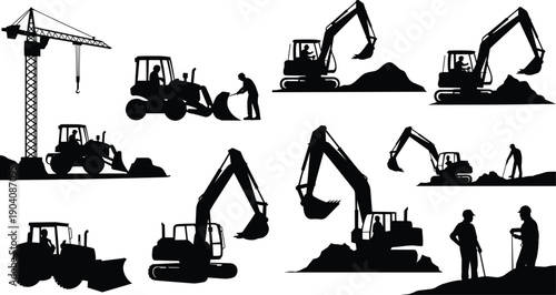 Construction machinery silhouettes with excavators, bulldozers, cranes, and workers performing earthmoving tasks, industrial building site vector illustration set