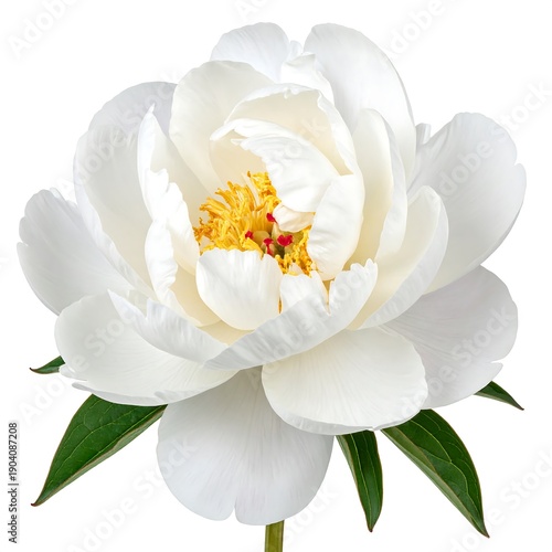 Up-close shot of a full, white peony blossom with a golden yellow center and green leaves against a white background