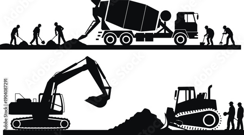Construction site silhouette with concrete mixer truck, excavator, bulldozer and workers, heavy machinery road work, industrial building process vector illustration