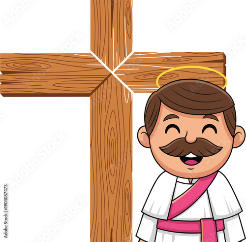 Cartoon Character with Wooden Cross, Smiling Man with Halo and Moustache in Traditional Robe, Religious Spiritual Concept Illustration, Isolated on White Background, Bible