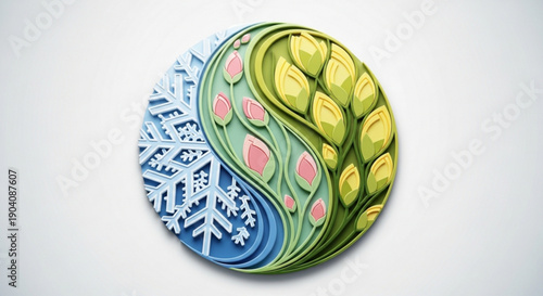 Seasonal contrast concept with snowflake and leaf design on round object