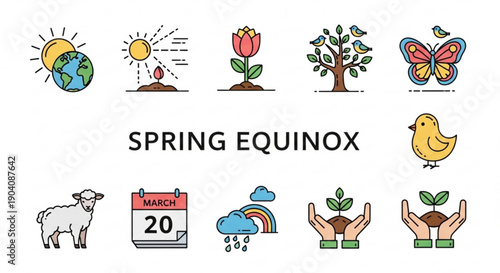 Spring equinox icons collection with nature and growth symbols