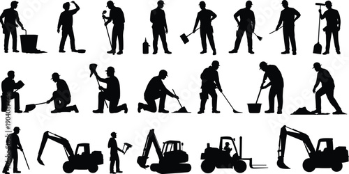 Construction worker silhouette set with manual labor poses, tools and heavy machinery, people working on site, industrial building vector illustration