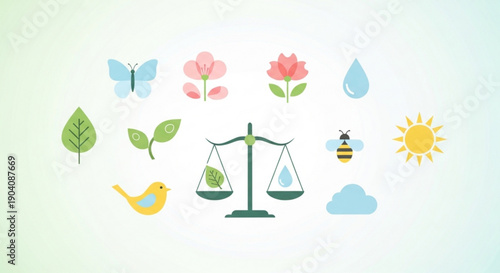 Eco friendly balance of nature with plants animals and weather icons