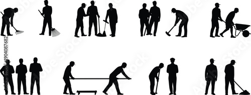 Construction worker silhouettes illustrating teamwork, cleaning, digging, lifting materials, manual labor activities, industrial jobs, black vector illustration set