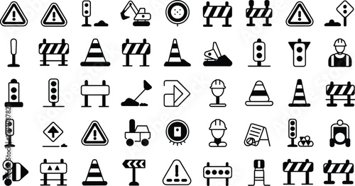 Road construction and traffic control icons set, warning signs, cones, barriers and workers, flat vector illustration for safety and infrastructure projects