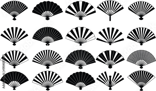 Collection of black Japanese folding fan silhouettes isolated on white background for traditional oriental culture summer accessories and festival decoration,