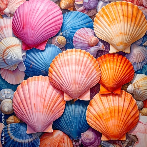 Vibrant seashells arranged tightly, showcasing a kaleidoscope of colors in detailed, textured patterns