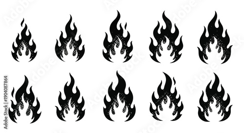 Set of black fire flames isolated on a white background.