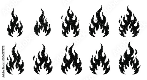 Set of black fire flames isolated on a white background.