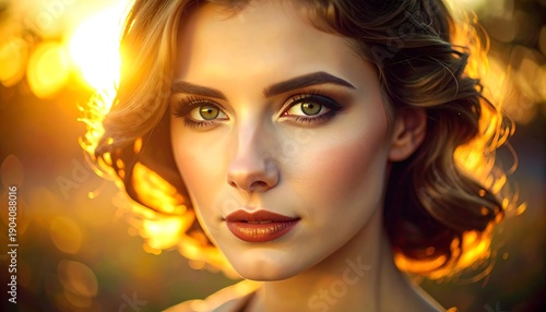 A close-up portrait shows a woman with golden hair and a soft smile. Sunset light illuminates her face, highlighting her eyes