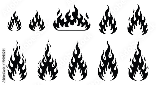 Set of various fire flame silhouettes for design.