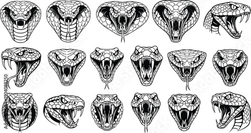 Collection of king cobra and snake head illustrations with open mouths and fangs isolated on white background for tattoo design,