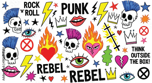 Vibrant Punk Rock and Rebel Doodle Art Collection.