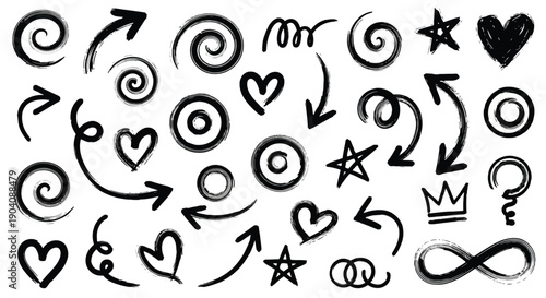 Hand drawn doodle elements set with arrows hearts stars and spirals.
