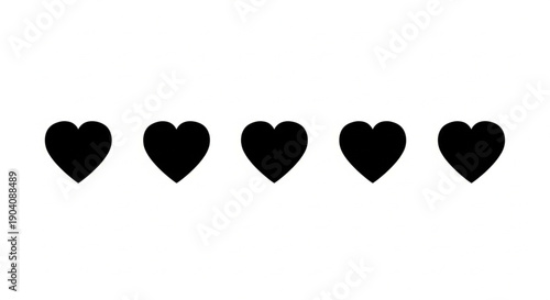 Simple Black Hearts Icon: A row of five minimalist black hearts arranged on an inviting display. These hearts symbolize love and affection, designed with simplicity and elegance.