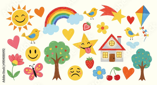 Collection of cheerful and colorful cartoon elements for children.
