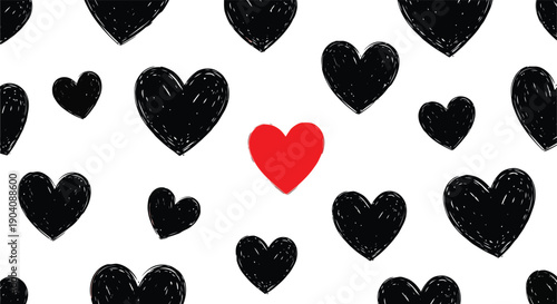One red heart stands out among many black hearts.
