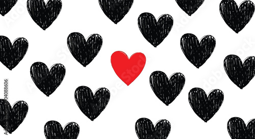 Red heart standing out among many black hearts.