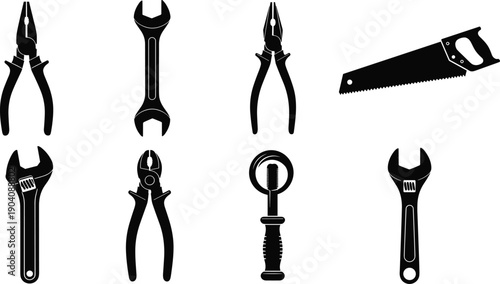 Black hand tools silhouette set including pliers wrench and saw isolated on white background for construction repair and hardware store design