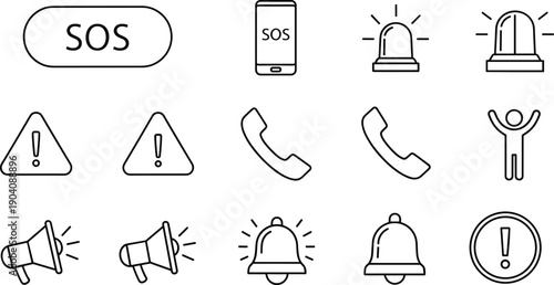 Emergency and SOS line icons set, including warning symbols, alarm sirens, notification bells, megaphones, phone handsets, and help signals for safety interface design.