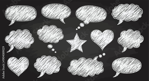 Chalkboard speech bubbles and thought clouds with star and heart shapes.