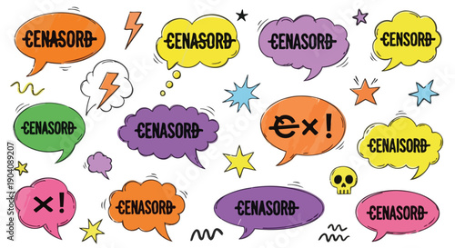 Censored speech bubbles with expletive symbols and text.
