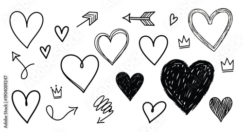 Hand drawn doodle hearts and arrows set for love and romance designs.