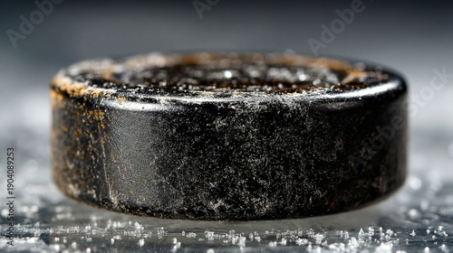 Close-up of a black, dusty, round object with a shiny surface.