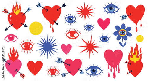 Vibrant collection of mystical hearts, eyes, and starbursts in a playful doodle style.