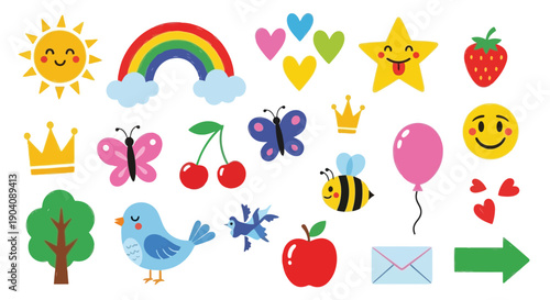 Colorful collection of cute cartoon illustrations for childrens designs.