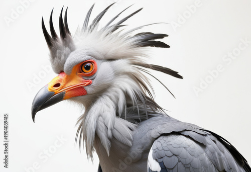 Head of colorful Secretary Bird, with crest feathers and a serious look, white background