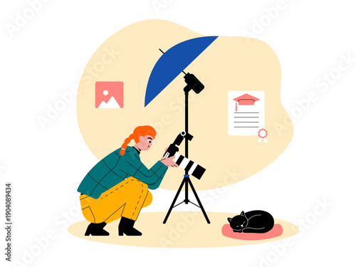 A photographer in a studio environment taking a professional photography course or class. Course illustrations. Flat vector illustration concepts.