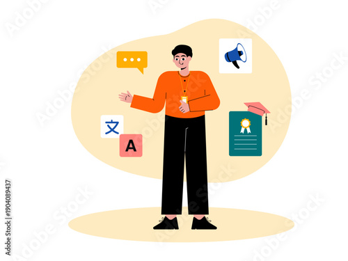 A man involved in online language learning or translation services. Course illustrations. Flat vector illustration concepts.