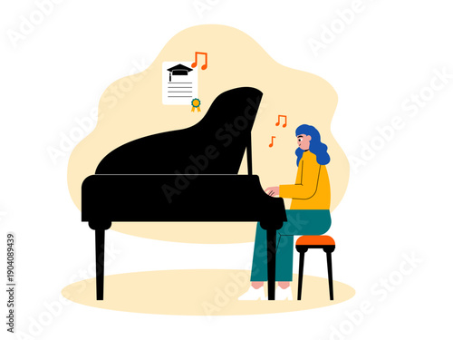 A woman who takes music lessons or plays the piano. Course illustrations. Flat vector illustration concepts.