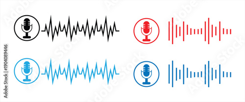 microphone icon set with sound waves, microphone icon with sound waves, sound waves, social media messages, voice assistant, audio waves, and frequency symbols for music players. vector illustration