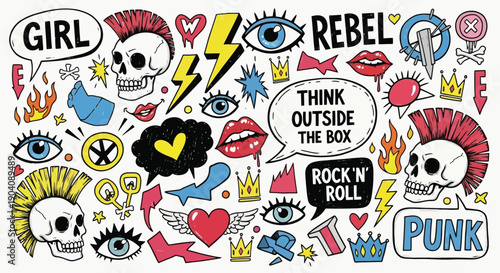 Punk rock doodle set with skulls, eyes, and speech bubbles.