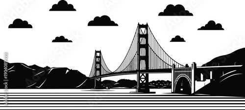 Golden Gate Bridge silhouette illustration featuring San Francisco landmark, suspension bridge cables, scenic bay water, clouds, and California travel destination icons.