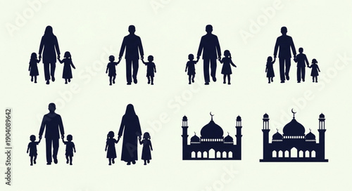Silhouettes of Muslim families and mosques.