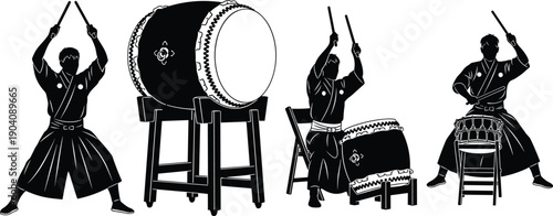 Japanese Taiko drummers silhouette set featuring traditional percussion performers, large ceremonial drums, musicians in kimono, and cultural festival music performance icons.
