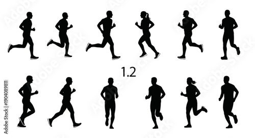 Silhouettes of people running in different poses and speeds.