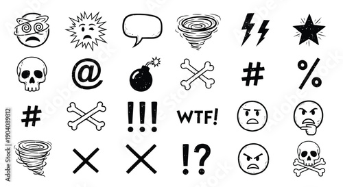 Hand drawn doodle set of angry and frustrated expression symbols.