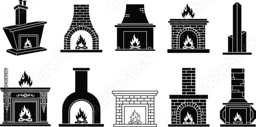 Fireplace silhouette collection featuring classic and modern hearth designs, brick and stone chimneys, cozy home heating elements, black vector illustrations 