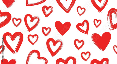 Seamless pattern of red hand-drawn hearts on a white background, symbolizing love and affection.